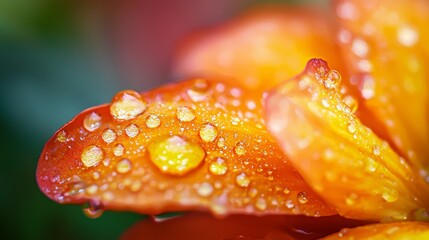 Poster -  A tight shot of a yellow flower, adorned with water beads on its petals In the backdrop, a verdant leaf unfurls