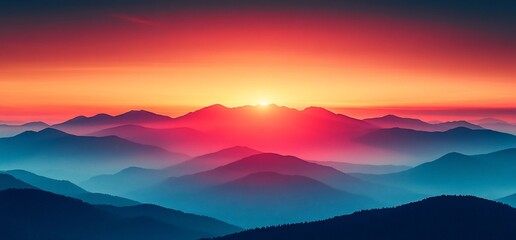 Wall Mural - A breathtaking sunset over layered mountains, creating a serene and tranquil landscape.