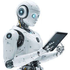 Ai robot using tablet   isolated on transparent background Generative AI
