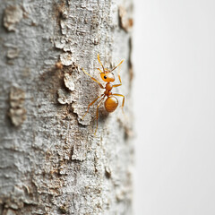 A yellow crazy ant climbing tree trunk in tropical rainforest, showcasing its vibrant color and unique features. This close up captures intricate details of its body and texture of bark