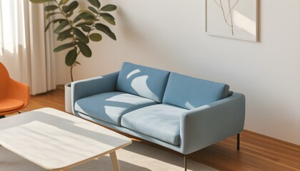 Wall Mural - Contemporary living room design with vibrant blue couch, striking orange chair, and minimalist artwork in a bright, inviting atmosphere