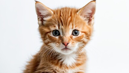 A close-up of an orange tabby kitten with bright blue eyes and a curious expression.