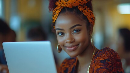 Poster - Smiling Woman Working on Laptop with Orange Headscarf