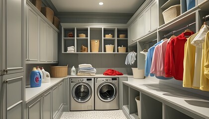 Wall Mural - Modern laundry room featuring efficient washing machines and a sleek dryer for optimal garment care