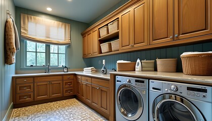 Wall Mural - Modern laundry room featuring efficient washing machines and a sleek dryer for optimal garment care