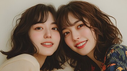 Canvas Print - Two young women with brown hair and light skin smiling, one with her head tilted slightly to the left, the other with her head tilted slightly to the right.