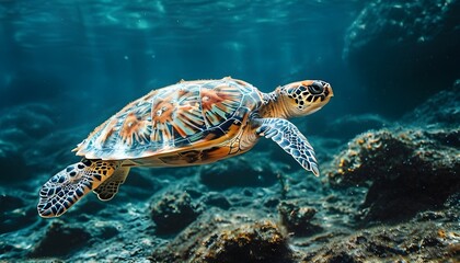 Wall Mural - Majestic turtle gliding through vibrant underwater seascape teeming with marine life