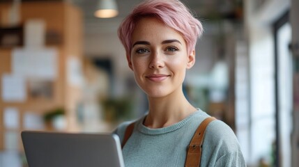 Poster - Young Woman with Pink Hair Using a Laptop in a Modern Office