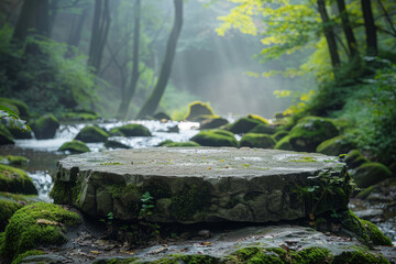 Wall Mural - A stone podium for product presentation against the background of a forest. Flat stone podium in a magical forest