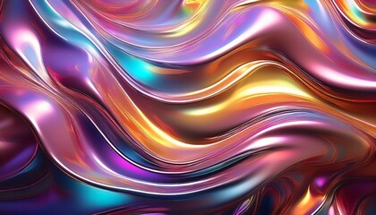 The iridescent waves of a glossy metallic surface create a mesmerizing and vibrant abstract background