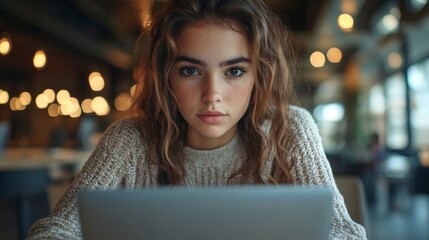 Sticker - Young Woman Focused on Laptop in Cozy Cafe