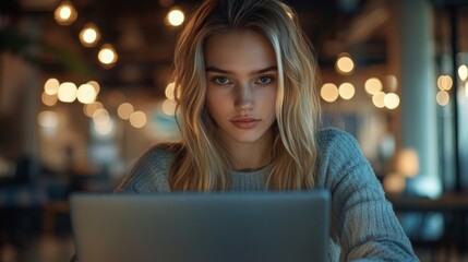 Sticker - Young Woman Working on Laptop in Cozy Cafe