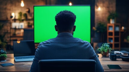 Canvas Print - Man at Desk with Green Screen Display