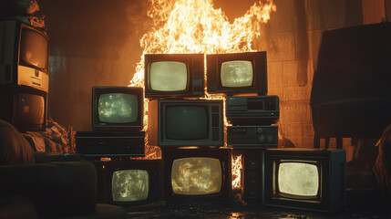 stack of old classic televisions in front of a fire, burned location after the war, cinematic composition media scene ruined panorama abandoned stacks of TVs monitors tv 3d realistic style panorama