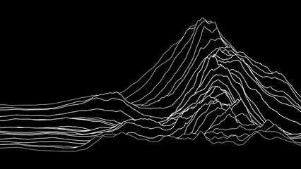 Fototapete - Black and White Wireframe Mountain Landscape. Abstract Fluid Lines Design. 3D Topographic Map Background Concept. Geography Concept. Tech Wavy Backdrop. Space Game Surface HUD Design Element.