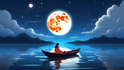 Canvas Print - Solitary woman rowing a boat beneath a luminous full moon in a whimsical night sky illustration