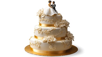 A traditional white wedding cake with gold accents and a bride and groom topper.