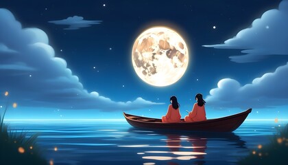 Wall Mural - Solitary woman rowing a boat beneath a luminous full moon in a whimsical night sky illustration