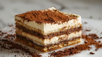 Classic tiramisu slice dusted with cocoa powder. Close-up of a layered Italian dessert with mascarpone cheese and coffee-soaked ladyfingers. Ideal for bakery marketing, cafe menus