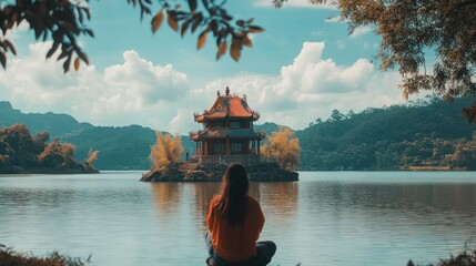 Poster - Woman Sitting by a Lake with a Chinese Pagoda in the Distance