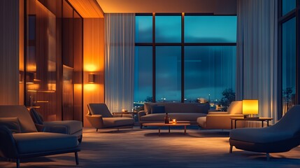 Wall Mural - Cosy living room with large windows overlooking city lights at night.