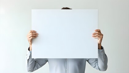 Individual showcasing empty white poster board in bright indoor environment