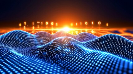 The concept of a blockchain is depicted in 3-D as a binary code that represents a big data binary code, showing data in motion, and transferring data. The blocks of data are interconnected to depict