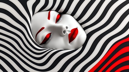 Canvas Print - A woman's face with red lips and eyes emerges from a wavy, black and white striped background.