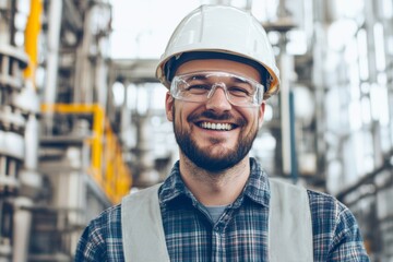 Leinwandbilder - Happy engineer in factory, wearing a safety helmet, smiling while standing confidently, minimal background with a clean white space.