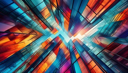 Sticker - Vibrant abstract architecture with layered glass structures showcasing unique angles, colorful reflections, and dynamic light interplay