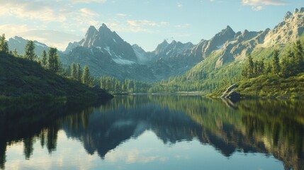 Canvas Print - Mountain Range Reflected in a Calm Lake at Dawn