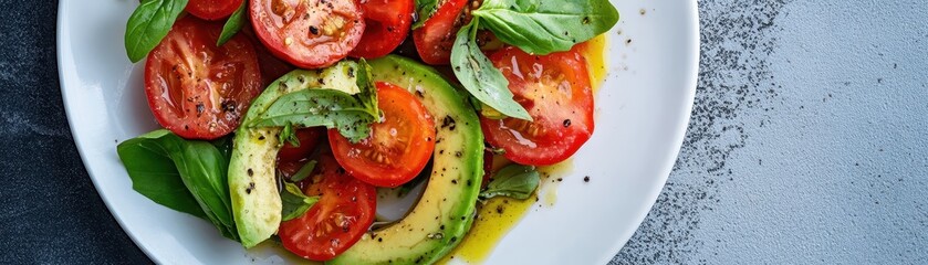 Fresh Tomato and Avocado Salad with Basil Leaves