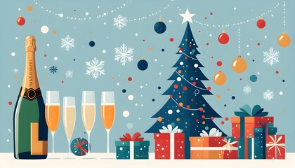 Wall Mural - Festive celebration with a glass of champagne beside a beautifully adorned Christmas tree