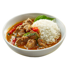 Wall Mural - Delicious bowl of thai red curry with juicy meat, paired with fluffy white rice, topped with fresh herbs and spicy chili peppers