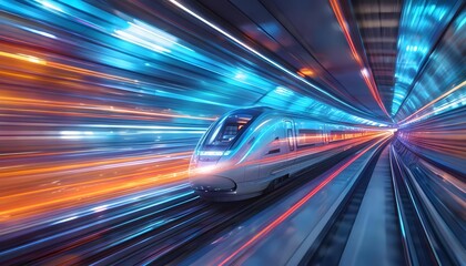 Futuristic bullet train in motion, vibrant blue and orange lights, technology, speed concept