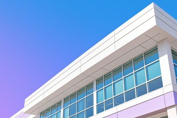 In the abstract architecture detail background, a view through a modern skyscraper chimney is framed by blue skies with white clouds - a turquoise teal blue to burgundy purple color scheme is