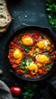 © NAITZTOYA - vertical format, Delicious shakshuka with poached eggs served in a skillet, garnished with fresh herbs and surrounded by flatbread, perfect for brunch
