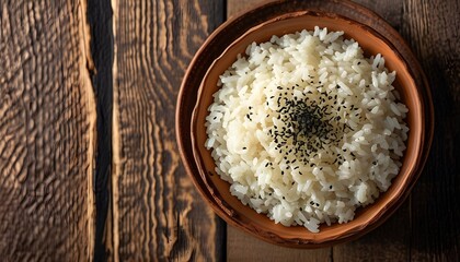 Wall Mural - Rice close-up in a clay plate with wooden backdrop and ample empty space for creative design