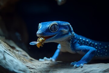 Wall Mural - Blue gecko with fly in mouth.