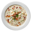© Michael - Yummy clam chowder soup topped with crunchy bacon pieces and chopped chives, presented in a clean white bowl against a clear background