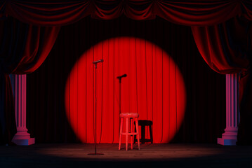 Wall Mural - empty stand-up stage with a microphone and spotlights. an empty theater stage with red velvet curtai