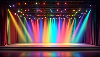 Wall Mural - Vibrant theatre stage illuminated by colorful beams and dramatic shadows with high-resolution studio lighting effect