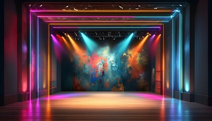 Wall Mural - Dynamic theatre performance with vibrant lighting and abstract art backdrop in a studio-quality setting featuring high contrast and intricate details