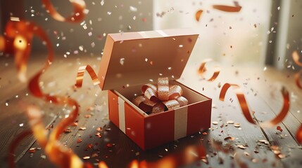 Open gift box with a surprise inside, surrounded by scattered ribbons and confetti