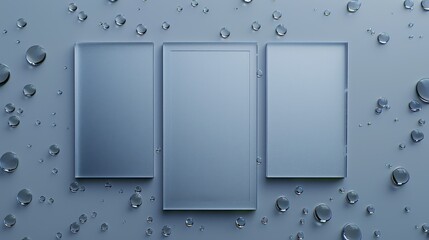 Three Blank Silver Panels with Water Droplets on a Light Blue Background