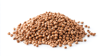 A close-up pile of buckwheat groats isolated on a white background.