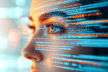 Woman with programming code overlayed on her face representing the fusion of technology and humanity