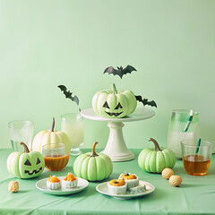 party table celebrating halloween with drinks and pumpkins