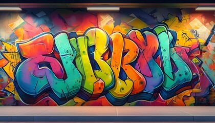 Canvas Print - Vibrant street art mural with intricate details and realistic studio lighting in a high-resolution backdrop