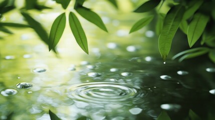 Wall Mural - Water Droplet Creates Ripples in Still Pond Surrounded by Lush Green Foliage